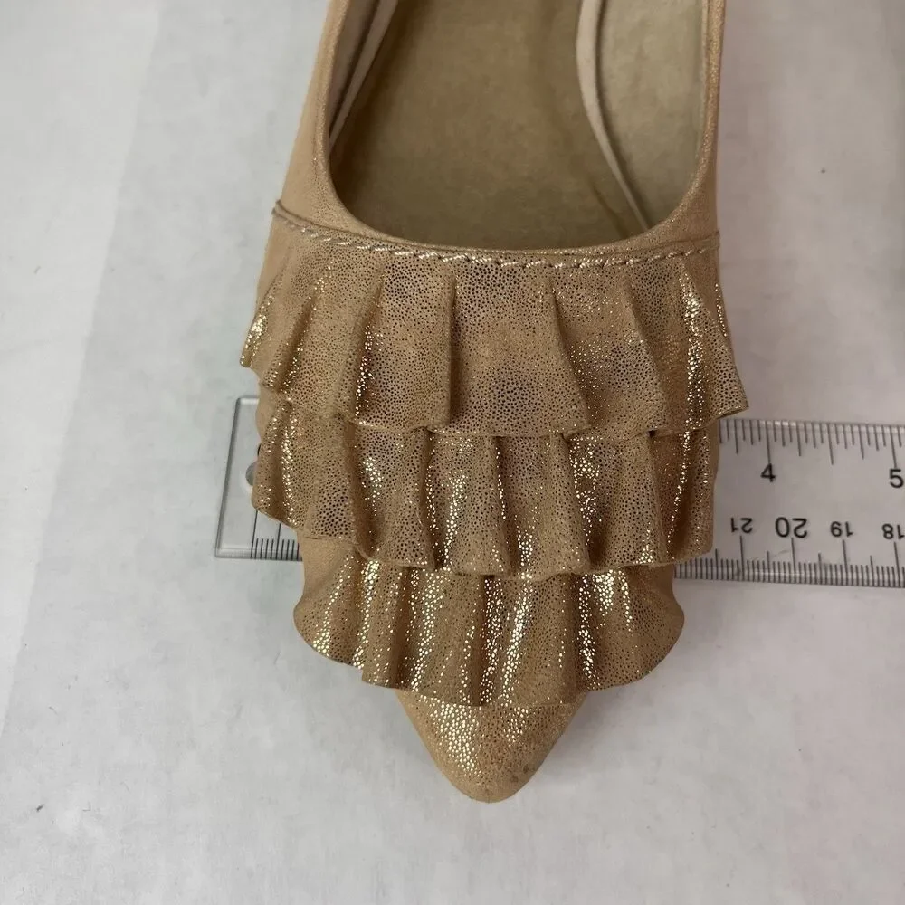 Seychelle Cottagecore Flats size 9 Downstage Gold Ruffle Tiered Shimmer Slip On
